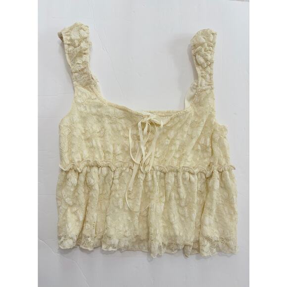 Kirious Tops - Kirious Cream Lace Crop Tank Top Coquette Cottagecore Ruffle Peplum M